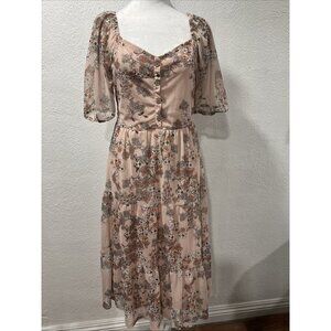 Luxology Floral L Midi Dress Puff Sleeves  Pink Tiered Relaxed Size L